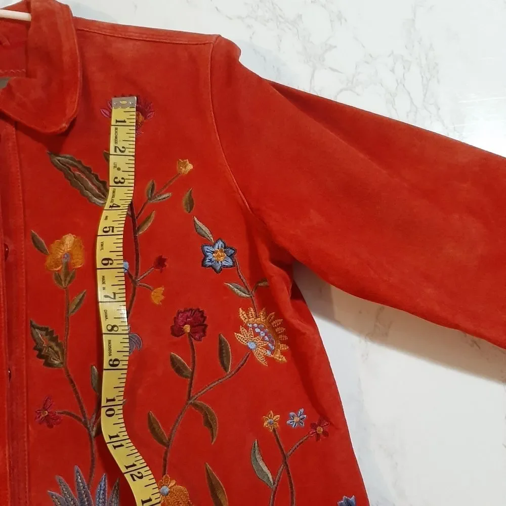 Brandon Thomas Cottagecore Red Orange Suede Novelty Floral Leather Jacket Small - Picture 9 of 13